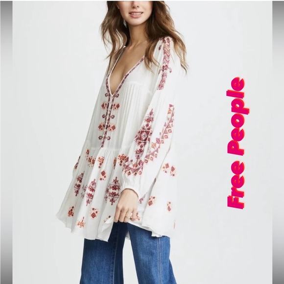 Free People Tops - Free People. "Adrianna" Ivory High Low Embroidered Tunic. Size X-Small.